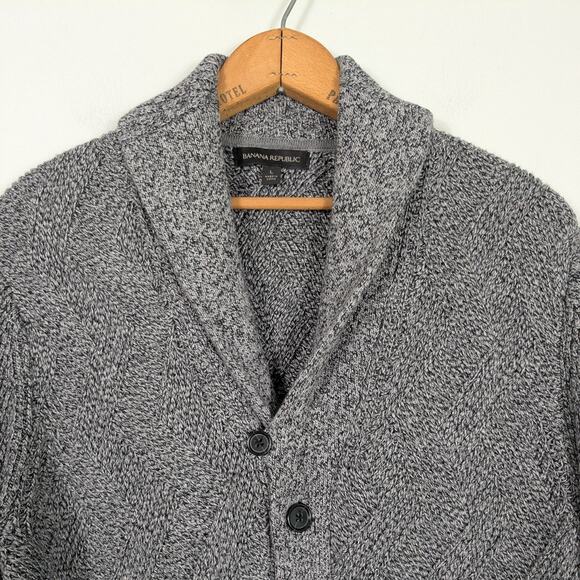 Banana Republic Cardigan Sweater L Gray Shawl Collar Cotton Academia Professor - Picture 5 of 8
